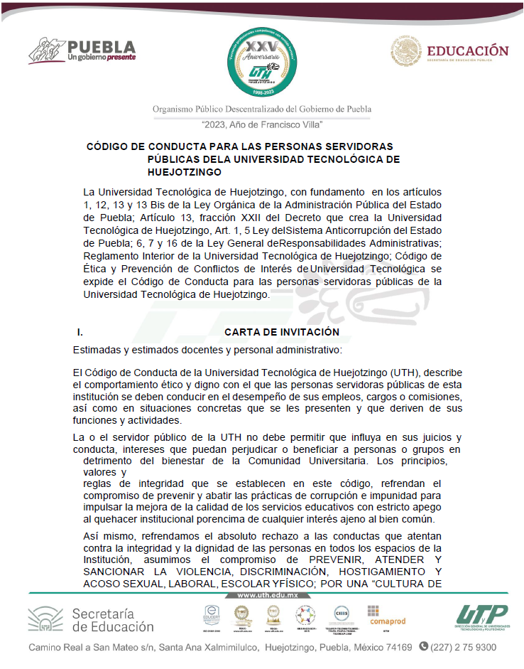 Código de Conducta para las personas servidoras públicas de la Universidad Tecnológica de Huejotzingo