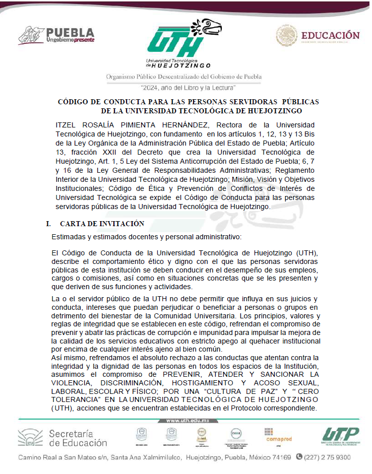 Código de Conducta para las personas servidoras públicas de la Universidad Tecnológica de Huejotzingo