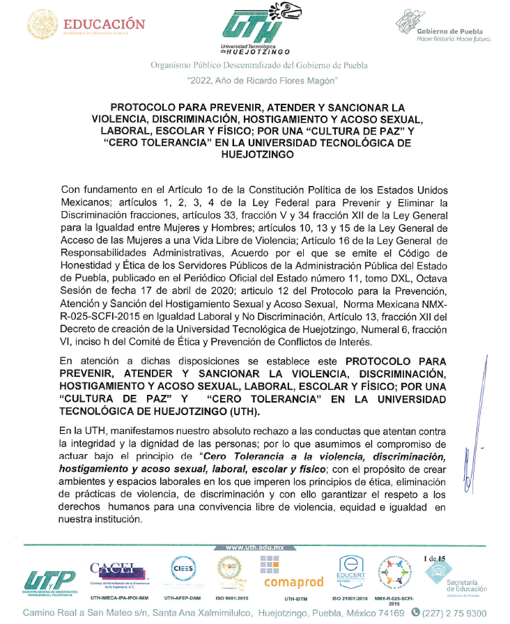 Protocolo para prevenir, atender y sancionar la violencia, discriminación, hostigamiento y acoso sexual, laboral y físico